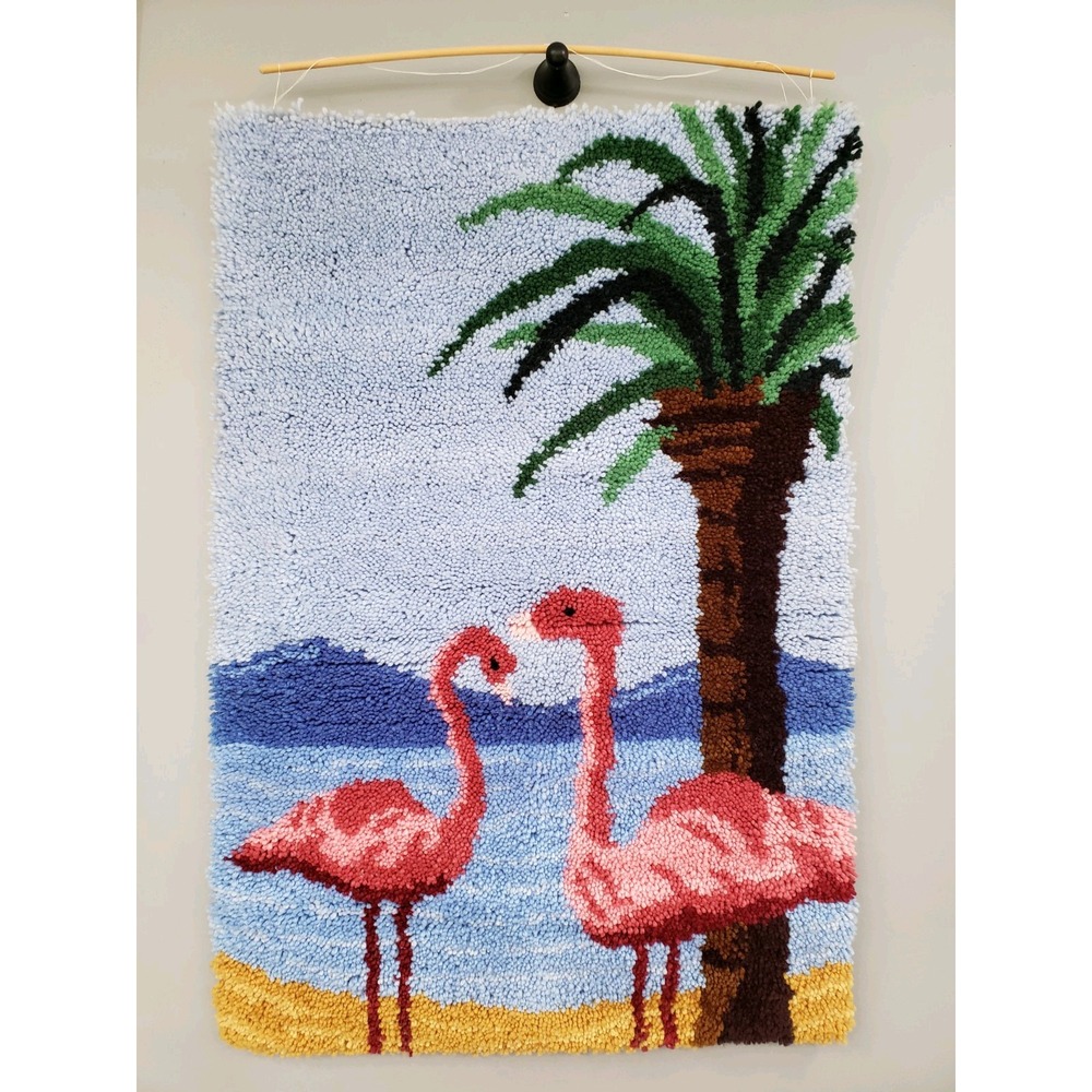 LARGE Vintage Latch Hook Rug Completed Beach Sea Wall Hangingâ Tropical Decor